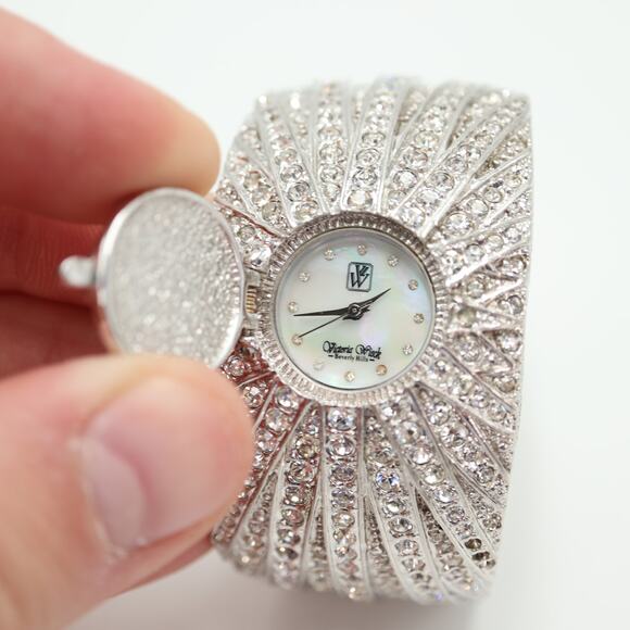 Victoria Wieck Pave Crystal Jewel Cuff Watch 35mm Hidden MOP Dial w New Battery main image 6